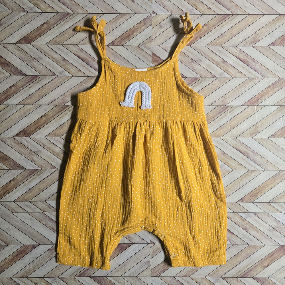 Baby Girl Polka Dot Bubble Rainbow Yellow Jumper Bow Sleeve One Piece Jumpsuit